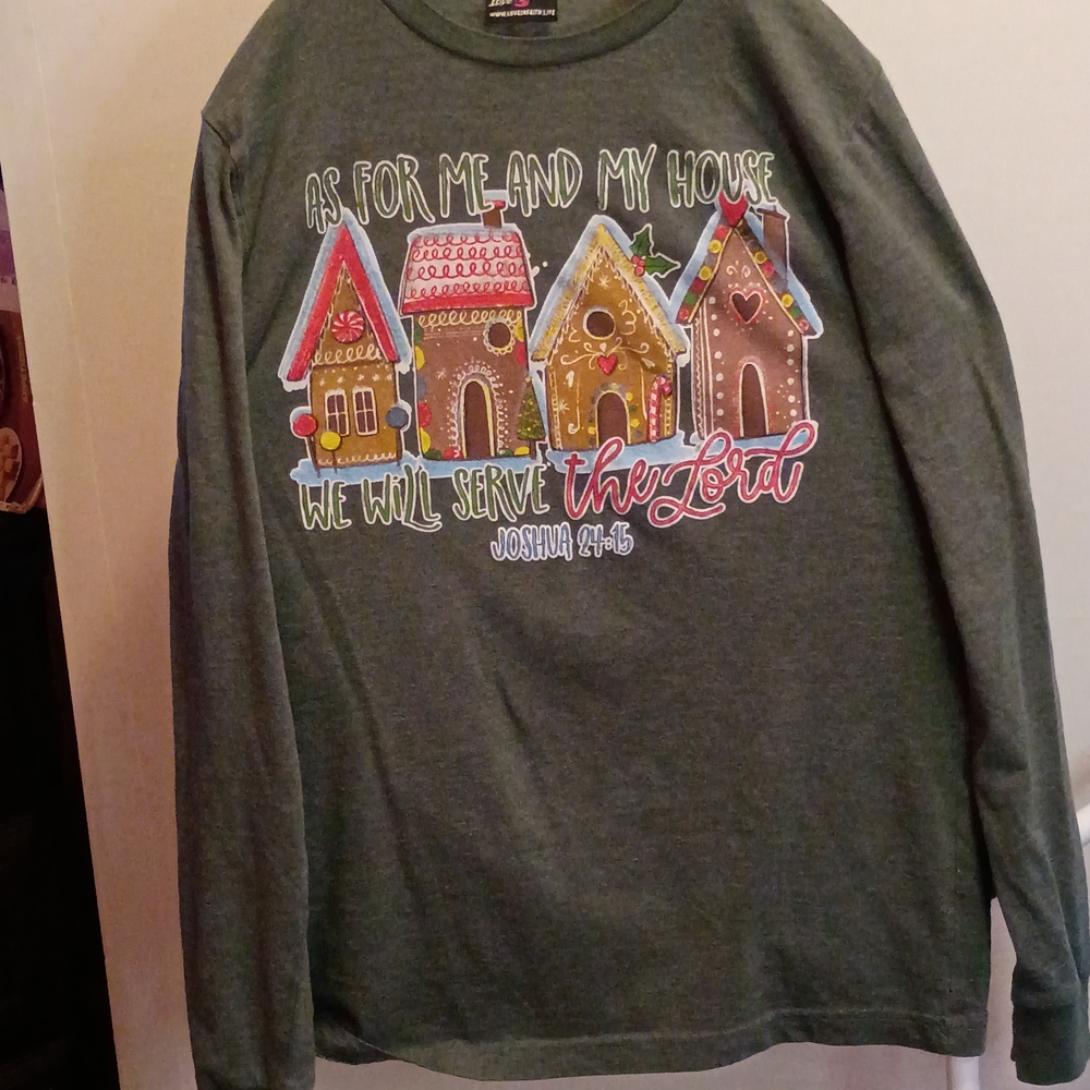Green Long Sleeve Women's Shirt with Gingerbread House Design